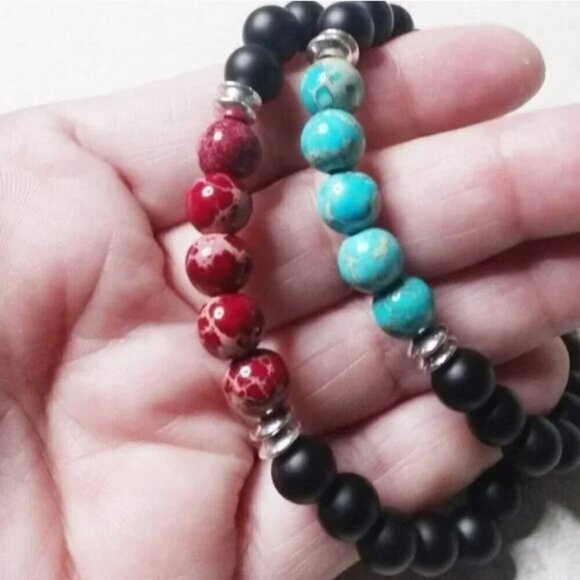 Aqua/Turquoise Colored Sea Sediment Jasper Beaded Unisex Stretch Stone Bracelet! - Picture 7 of 7